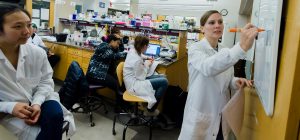 Group of people in lab coats around whiteboard